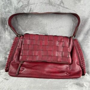 Y2K Style Red Vegan Leather Shoulder Bag Woven Front Braided Seam‎ Hobo Style